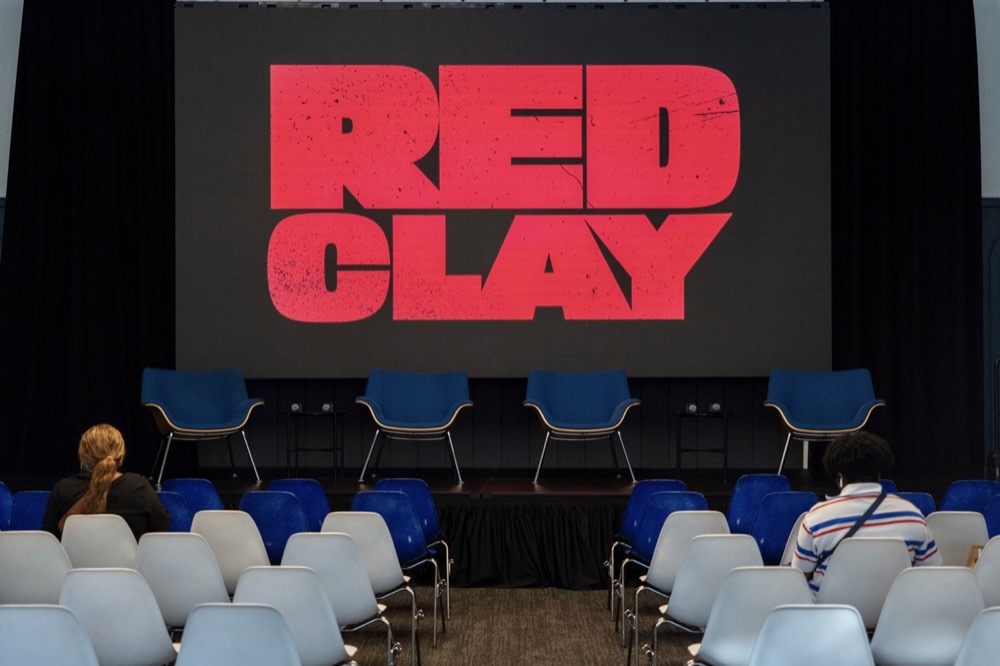Red Clay film title screen at The Gathering Spot screening event, Atlanta